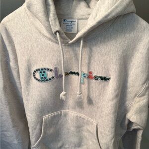 Champion Light Gray Hoodie with Colorful Logo